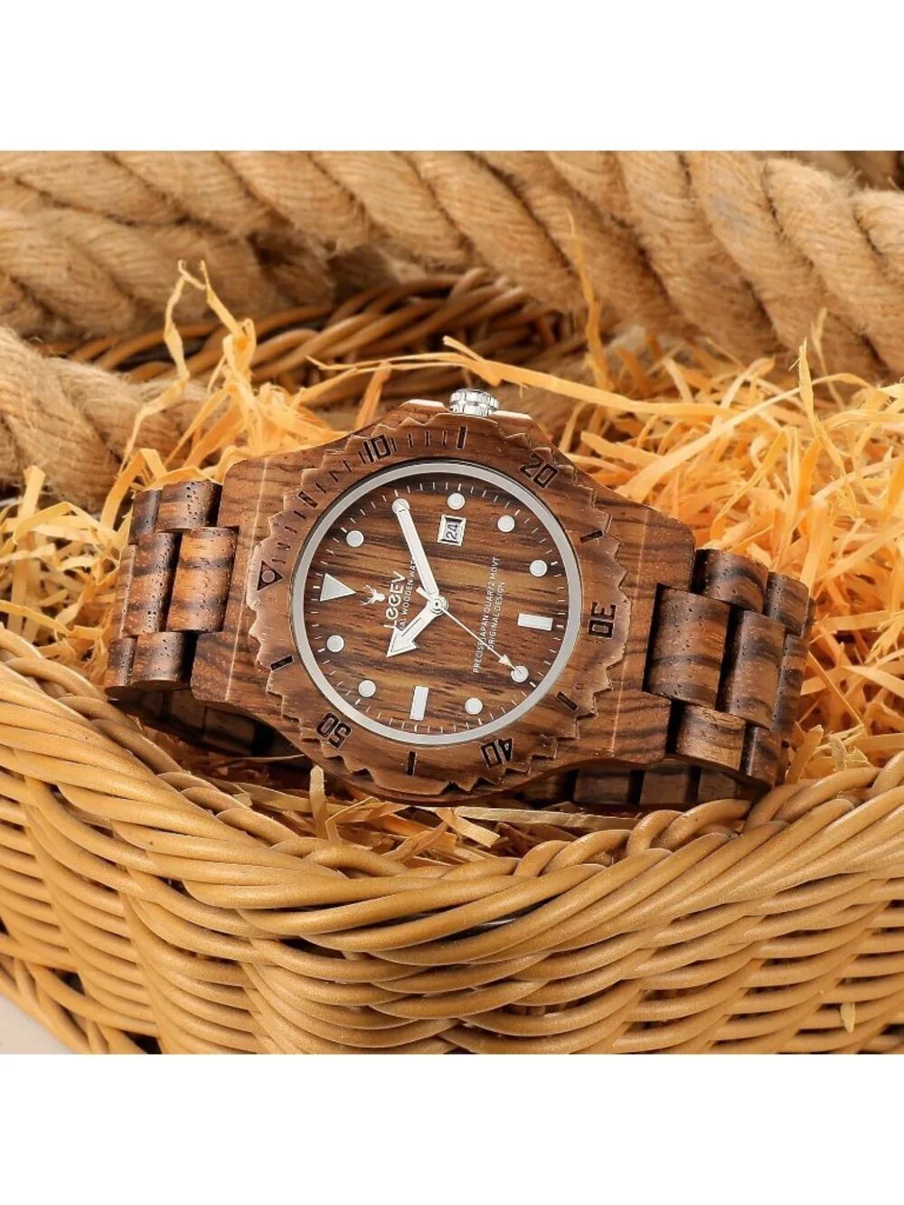 Men's Brown Handcrafted Sandalwood Vintage Calendar Analog Wrist Wooden Watch